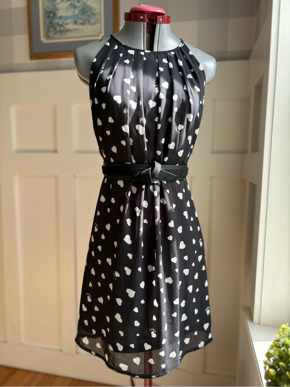 Black Heart-Print Halter Mini Dress - Elegant Casual Small